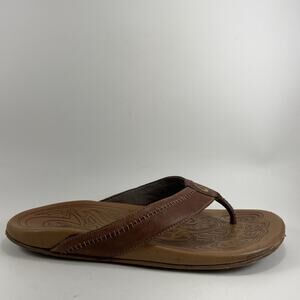 Olukai Hiapo Flip Flops Mens Size 14 Brown Leather Sandals Hawaiian Beach Casual